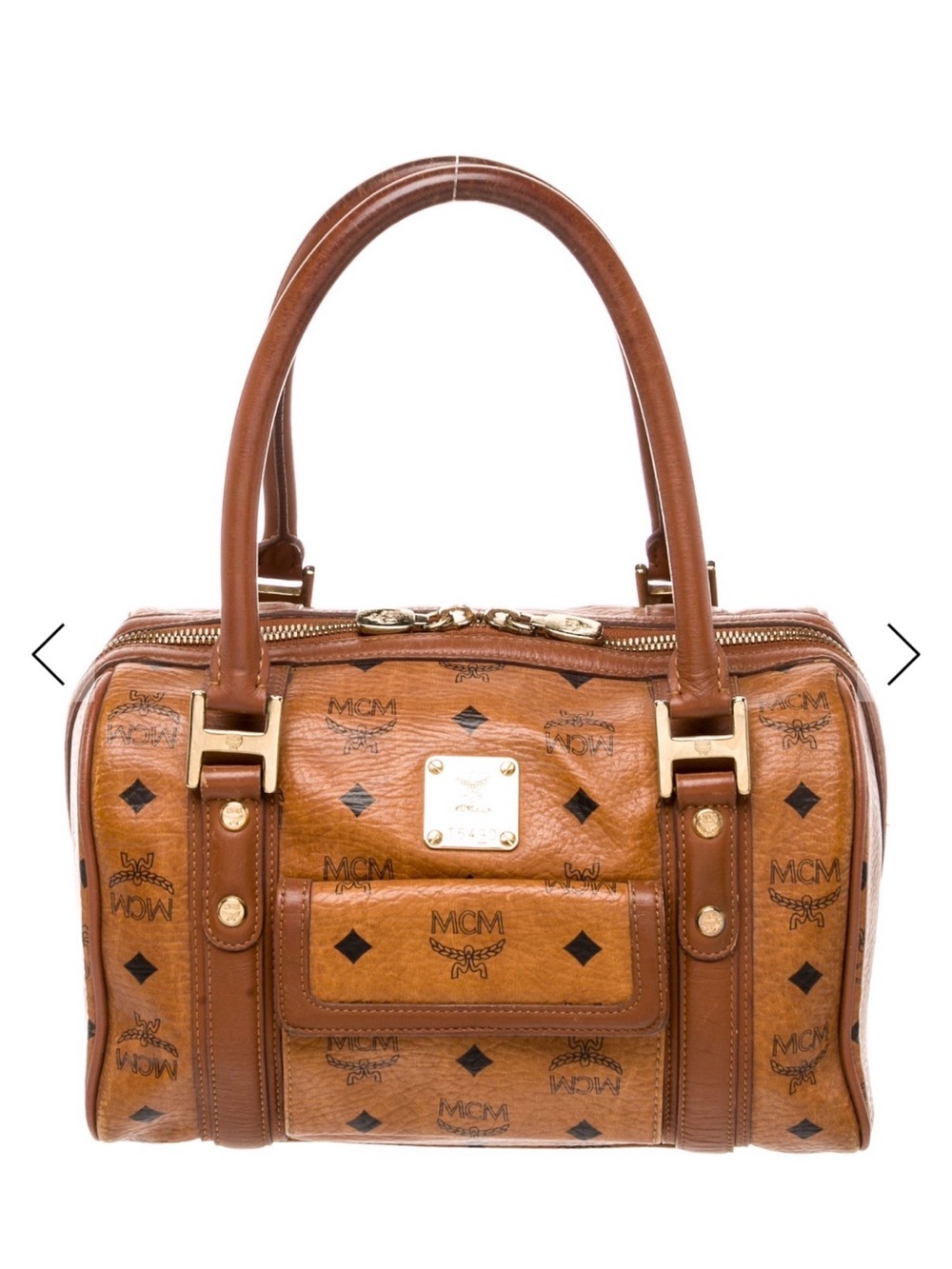 MCM Brown Visetos Logo Satchel with Gold Hardware